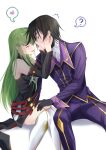  1boy 1girl ? ^_^ absurdres black_gloves black_hair blush budgiepon closed_eyes code_geass couple detached_sleeves face-to-face gloves gold_trim green_hair hand_on_another&#039;s_thigh heart hetero highres lelouch_vi_britannia long_hair looking_at_another pants purple_eyes purple_pants purple_shirt shirt short_hair sitting spoken_heart spoken_question_mark thighhighs white_thighhighs 