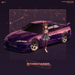  1girl absurdres admire_vega_(umamusume) animal_ears black_footwear blue_dress boots brown_hair car character_name commentary dress ear_covers gloves highres horse_ears horse_tail long_hair low_ponytail motor_vehicle nissan_skyline nissan_skyline_gt-r nissan_skyline_r33 pantyhose purple_car purple_pantyhose run_rotary single_ear_cover solo sports_car tail umamusume vehicle_focus very_long_hair white_footwear white_gloves 