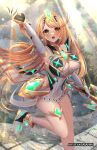  1girl bare_legs bare_shoulders blonde_hair blush breasts chest_jewel cleavage cleavage_cutout clothing_cutout dress earrings elbow_gloves foot_out_of_frame gloves highres holding holding_weapon jewelry kamaniki large_breasts long_hair mythra_(xenoblade) open_mouth short_dress solo swept_bangs thigh_strap tiara very_long_hair weapon white_dress white_footwear white_gloves xenoblade_chronicles_(series) xenoblade_chronicles_2 yellow_eyes 
