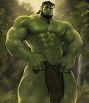  abs bottomwear clothed clothing covering dopq fangs green_body green_skin hi_res humanoid humanoid_pointy_ears loincloth male muscular muscular_humanoid muscular_male nipples orc partially_clothed pecs solo teeth vein veiny_muscles 