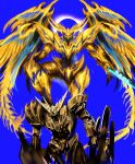  absurdres bird blue_background blue_fire destroyed eclipse feathered_wings feathers fiery_wings fire flame gundam gundam_narrative halo head_wings highres mecha monochrome_background multiple_wings phoenix robot sun unicorn_gundam_phenex wings witnesstheabsurd yellow_fire 