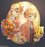  1boy 1girl absurdres aku_no_meshitsukai_(vocaloid) aku_no_musume_(vocaloid) allen_avadonia aryuma772 ascot bare_shoulders blazer blonde_hair blue_eyes bouquet bow brooch brother_and_sister brown_background choker collared_jacket collared_shirt colored_eyelashes dress dress_bow earrings evillious_nendaiki flower four_mirrors_of_lucifenia frilled_dress frilled_sleeves frills gem hair_bow hair_ornament hairclip high_ponytail highres holding holding_bouquet jacket jewelry kagamine_len kagamine_rin lily_(flower) looking_at_viewer mirror off-shoulder_dress off_shoulder orange_bow orange_jacket picture_frame red_gemstone riliane_lucifen_d&#039;autriche rose shirt siblings sidelocks sideways_glance smile swept_bangs thorns twins updo vessel_of_sin vocaloid white_ascot wide_sleeves yellow_bow yellow_choker yellow_dress yellow_flower yellow_rose 