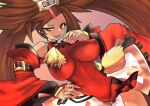  1girl absurdres bare_shoulders blush bow bow_panties breasts brown_eyes china_dress chinese_clothes closed_mouth covered_nipples detached_sleeves dress guilty_gear guilty_gear_xrd hair_ornament hairclip highres kuradoberi_jam large_breasts long_hair open_mouth panties shaded_face simple_background skin_tight skirt smile solo tano_t underwear white_panties wide_sleeves 