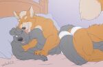  2019 anthro bed bedroom bill_grey black_nose blue_eyes briefs briefs_only canid canine canis claws clothed clothing domestic_dog duo embrace eyes_closed fox fox_mccloud fur furniture grey_body grey_fur hi_res hug inside juano licking male male/male mammal muscular muscular_male nintendo open_mouth orange_body orange_fur pillow signature smile star_fox tan_body tan_fur teeth_showing tighty_whities tongue tongue_out tongue_showing topless underwear underwear_only white_briefs white_clothing white_underwear 