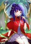  1girl artist_name dragon_girl dragon_wings dress fire_emblem fire_emblem:_the_sacred_stones gao_kawa hair_ribbon highres looking_at_viewer mouth_hold myrrh_(fire_emblem) purple_hair red_dress red_eyes ribbon ribbon_in_mouth smile solo twintails uneven_twintails white_dress wings wristlet 