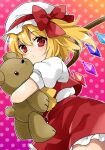  1girl blonde_hair blush commentary_request doll_hug dress flandre_scarlet hat highres looking_at_viewer mob_cap object_hug one_side_up red_dress red_eyes solo stuffed_animal stuffed_toy sugu016406 teddy_bear touhou white_headwear wings 