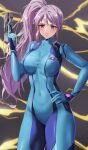  1girl absurdres amayo_thranana bodysuit breasts commission cosplay covered_navel expressionless fire_emblem fire_emblem:_genealogy_of_the_holy_war gun hand_on_own_hip highres holding holding_gun holding_weapon ishtar_(fire_emblem) large_breasts long_hair looking_at_viewer metroid ponytail purple_eyes purple_hair samus_aran samus_aran_(cosplay) skeb_commission solo standing weapon zero_suit 