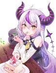  1girl ahoge ascot bare_shoulders black_horns braid braided_bangs cake cake_slice crow_(la+_darknesss) detached_sleeves food food_on_face fork fruit highres hololive horns la+_darknesss la+_darknesss_(1st_costume) multicolored_hair pointy_ears purple_hair slit_pupils strawberry streaked_hair striped_horns virtual_youtuber yellow_ascot yellow_eyes 