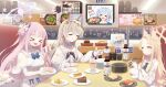  &gt;_&lt; 3girls animal_ears arona_(blue_archive) black_necktie blonde_hair blue_archive blush cake cake_slice capelet chopsticks closed_mouth cup dress food fox_ears hair_bun halo hifumi_(blue_archive) highres holding holding_chopsticks holding_cup holding_plate long_hair long_sleeves matchamassa mika_(blue_archive) multiple_girls nagisa_(blue_archive) necktie open_mouth pink_hair pink_halo plate seia_(blue_archive) single_side_bun smile sushi tea_party_(blue_archive) very_long_hair white_capelet white_dress yellow_eyes yellow_halo 