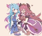  2girls alonemistrist bare_shoulders blue_hair breasts cleavage clothing_cutout coat dragalia_lost dragon_girl dragon_horns dress fang fur_trim gloves hair_between_eyes heart highres holding_another&#039;s_arm horns long_bangs long_hair looking_at_another mercury_(dragalia_lost) multicolored_hair multiple_girls mym_(dragalia_lost) open_clothes open_coat open_mouth parted_lips pink_hair red_hair shoulder_cutout skin_fang two-tone_hair very_long_hair 