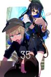  2girls bare_shoulders beret black_hair black_shorts blue_hair bracelet breasts brown_pants buttons collared_shirt colored_inner_hair double-breasted echo_(circa) engineer_nemo_(fate) fate/grand_order fate_(series) gradient_hair green_eyes green_headwear green_jacket grey_eyes grey_headwear grey_shirt hammer hat jacket jewelry kneeling light_brown_hair long_hair long_sleeves looking_at_viewer looking_over_eyewear low_twintails multicolored_hair multiple_girls neck_ring nemo_(fate) off_shoulder open_mouth pants round_eyewear shirt short_hair short_sleeves short_twintails shorts sidelocks small_breasts striped striped_shirt sunglasses suspenders tenochtitlan_(fate) tenochtitlan_(second_ascension)_(fate) thighs twintails two-tone_hair vertical-striped_shirt vertical_stripes wavy_hair 