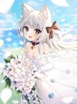  1girl :d animal_ear_fluff animal_ears bell black_bow black_collar blue_flower blue_sky blurry blurry_foreground blush bouquet bow breasts bridal_gauntlets bright_pupils caron_(straycat910) cloud collar collarbone day diamond-shaped_pupils diamond_(shape) dress dress_flower eyelashes falling_petals floating_hair floral_print flower grey_eyes grey_hair hair_bow holding holding_bouquet horizon jingle_bell long_hair looking_at_viewer neck_bell ocean one_side_up open_mouth original petals plant sky small_breasts smile solo sparkle strapless strapless_dress sunlight swept_bangs symbol-shaped_pupils teeth tongue upper_teeth_only water wedding_dress white_dress white_flower white_hair white_petals white_pupils 