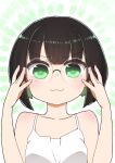  1girl :3 allmind_(armored_core_6) armored_core armored_core_6 bare_arms bare_shoulders black_hair blush camisole closed_mouth collarbone glasses green_eyes green_hair hands_up highres i.u.y looking_at_viewer mole mole_under_eye multicolored_hair round_eyewear smile solo two-tone_hair upper_body white_camisole 