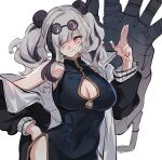  1girl animal_ears arknights black_dress black_hair black_jacket breasts china_dress chinese_clothes cleavage cleavage_cutout clothing_cutout cowboy_shot dress eyewear_on_head feater_(arknights) glasses hair_over_one_eye hand_gesture hand_on_own_hip jacket large_breasts long_hair looking_at_viewer multicolored_hair off_shoulder open_clothes open_jacket panda_ears red_eyes round_eyewear side_slit simple_background sleeveless sleeveless_dress solo streaked_hair sunglasses towtow_redoland twintails white_background white_hair 