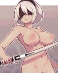  1girl alternate_breast_size black_blindfold blindfold breasts closed_mouth commentary completely_nude cropped female_pubic_hair hairband holding holding_sword holding_weapon lamb-oic029 large_breasts mole mole_under_mouth navel nier:automata nier_(series) nipples nude pubic_hair short_hair solo sword weapon white_hair yorha_no._2_type_b 