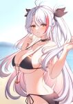  1girl absurdres antenna_hair azur_lane bare_arms bare_shoulders beach bikini black_bikini black_choker black_ribbon blue_sky blurry blurry_background breasts choker collarbone commentary_request day depth_of_field grey_hair hair_between_eyes hair_ribbon highres large_breasts long_hair looking_at_viewer looking_to_the_side moyoron multicolored_hair ocean orange_eyes outdoors parted_bangs prinz_eugen_(azur_lane) prinz_eugen_(unfading_smile)_(azur_lane) red_hair ribbon side-tie_bikini_bottom sky solo streaked_hair swimsuit twisted_torso two_side_up very_long_hair water 