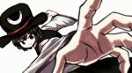  1other androgynous atoymk black_eyes black_hair clenched_hand coat detached_sleeves enraku_tsubakura hat highres imminent_punch incoming_attack incoming_punch large_hat len&#039;en punching short_hair sleeveless sleeveless_coat solo top_hat white_sleeves wide_sleeves 