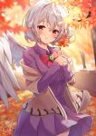  1girl autumn autumn_leaves blush brown_jacket closed_mouth dress feathered_wings grey_hair highres jacket kishin_sagume leaf long_sleeves looking_at_viewer maple_leaf niko_kusa purple_dress red_eyes short_hair single_wing smile solo touhou white_wings wings 