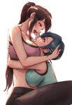  2girls absurdres arms_around_back bare_shoulders between_breasts black_pants blue_eyes blue_hair blush breasts brown_hair cheonju collarbone commentary_request commission eye_contact hair_ornament hairpin hand_on_another&#039;s_head head_between_breasts highres hug korean_commentary large_breasts long_hair looking_at_another multiple_girls open_mouth original pants ponytail saliva saliva_drip saliva_swap short_hair sidelocks simple_background smile sports_bra sweat teeth tongue tongue_out upper_teeth_only white_background yuri 