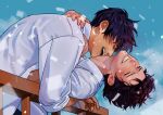  2boys ^_^ black_hair blush closed_eyes collared_shirt day earrings grin highres hug jewelry male_focus mole mole_under_eye multiple_boys nicholas_d._wolfwood open_mouth outdoors profile shirt short_hair single_earring sleeves_rolled_up smile tearing_up teeth trigun va_shuuuu_00 vash_the_stampede white_shirt yaoi 