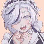  1boy black_hair blade_(nu_carnival) grey_eyes hair_over_eyes long_hair looking_at_viewer maid_headdress male_focus male_maid multicolored_hair nu_carnival open_mouth pink_background pmranian sharp_teeth smile streaked_hair teeth white_hair 