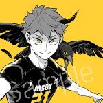  1boy 3_upin bird crow feathered_wings feathers greyscale haikyuu!! hinata_shouyou male_focus monochrome short_hair simple_background smile solo sportswear upper_body v-shaped_eyebrows volleyball_uniform wings yellow_background yellow_eyes 