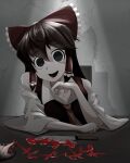  1girl 1other black_hair blood blood_on_knife blood_writing bow breasts brown_hair cleavage collared_shirt commentary_request cookie_(touhou) detached_sleeves empty_eyes frilled_bow frilled_hair_tubes frills hair_between_eyes hair_bow hair_tubes hakurei_reimu highres knife leaning_forward long_bangs long_hair looking_at_viewer necktie noel_(cookie) open_mouth red_bow red_shirt shirt sidelocks sleeveless sleeveless_shirt smile solo_focus suisyu_chouman_chawan_no_kakera table touhou trembling upper_body white_sleeves yellow_necktie 
