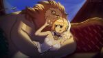  absurdres animal artoria_pendragon_(fate) blonde_hair breasts cleavage closed_mouth couch family_guy fate/grand_order fate_(series) glasses green_eyes highres indoors kowai_(iamkowai) large_breasts leotard lion peter_griffin round_eyewear saber short_hair twitter_username white_leotard zipper zipper_pull_tab 