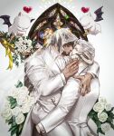  2boys alleveolive au_ra bara beard black_hair bridal_veil couple dragon_boy dragon_horns facial_hair final_fantasy final_fantasy_xiv flower highres horns husband_and_husband hyur imminent_kiss jacket jewelry male_focus multiple_boys muscular muscular_male pants ring rose shirt short_hair smile veil warrior_of_light_(ff14) white_flower white_hair white_jacket white_pants white_rose white_shirt yaoi 