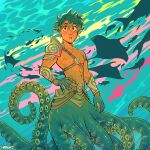  1boy abs armor blush boku_no_hero_academia commentary earrings english_commentary fingernails fins fish freckles green_hair habkart head_fins highres jewelry looking_at_viewer male_focus manta_ray midoriya_izuku monster_boy nipples parted_lips pectorals sharp_fingernails short_hair shoulder_armor solo suction_cups tentacles topless_male underwater webbed_hands 