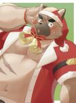  2023 absurd_res amidasuke anthro black_nose blush brown_body canid canine canis christmas christmas_clothing christmas_headwear clothed clothing domestic_dog hat headgear headwear hi_res holidays humanoid_hands kemono lifewonders male mammal overweight overweight_male santa_hat scar simple_background solo tokyo_afterschool_summoners yasuyori 