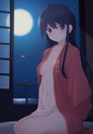  1girl after_sex alternate_hairstyle azuki-iro black_hair blue_eyes breasts closed_mouth full_moon hair_between_eyes hair_down highres houshou_(kancolle) japanese_clothes jewelry kantai_collection kimono long_hair moon naked_kimono navel night night_sky pink_kimono ring seiza sitting sky small_breasts smile solo very_long_hair wedding_ring 