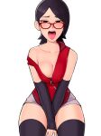  1girl :d bare_shoulders black_gloves black_hair black_thighhighs boruto:_naruto_next_generations breasts cleavage collarbone elbow_gloves fingerless_gloves glasses gloves grey_shorts half-closed_eyes highres loodncrood medium_breasts naruto_(series) off_shoulder oral_invitation red-framed_eyewear red_shirt shirt short_hair shorts sitting smile solo teeth thighhighs tongue tongue_out uchiha_sarada upper_teeth_only 
