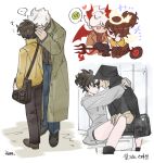  1boy 1girl angel angel_wings black_hoodie black_pants blue_pants brown_hair brown_sweater coat demon demon_horns demon_tail demon_wings elena_(project_moon) force_(4sk_force) green_coat grey_hoodie halo hand_up hood hood_down hood_up hoodie horns jacket jae-heon library_of_ruina long_sleeves multiple_views pants pitchfork project_moon simple_background sparkle spoken_expression sweater tail turtleneck turtleneck_sweater updo white_background white_hair wing_collar winged_halo wings yellow_jacket 