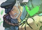  1boy bara beard blue_shirt blurry blurry_foreground collared_shirt commentary facial_hair feathers glowing_feather green_feathers grey_background grey_hair grin hat highres hogen_(housamo) jacket jacket_on_shoulders male_focus muscular muscular_male mustache old old_man omoro3bot one_eye_closed outline outstretched_hand police police_hat police_uniform policeman shirt short_hair signature smile solo thick_eyebrows tokyo_afterschool_summoners uniform upper_body white_outline yellow_eyes 