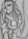  1girl animal_ears animal_nose bare_shoulders breasts cat_ears cat_girl cat_tail claws cleavage dress fang fang_out fluffy greyscale highres large_breasts large_tail long_hair looking_at_viewer monochrome monster_girl princess princess_(slay_the_princess) sketch slay_the_princess smile solo tail tail_raised the_witch_(slay_the_princess) 