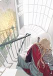 1boy blonde_hair film_grain floral_print from_behind highres ichimonji_norimune indoors japanese_clothes long_hair long_sleeves male_focus painting_(object) pants railing red_sash sash sitting sitting_on_stairs solo stairs stairwell sword tandem touken_ranbu weapon white_pants window 