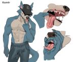  anthro beastars bodily_fluids bottomwear canid canine canis clothed clothing drooling gesture hat headgear headwear hi_res kumir legoshi_(beastars) male mammal mawplay pants saliva simple_background solo tongue tongue_out topless v_sign white_background wolf 