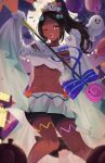  1girl abs breasts brown_hair candy_hair_ornament dark-skinned_female dark_skin doiparuni fire_emblem fire_emblem_engage fire_emblem_heroes food-themed_hair_ornament ghost_hair_ornament hair_ornament halloween halloween_costume highres long_sleeves looking_at_viewer medium_breasts navel official_alternate_costume open_mouth ponytail red_eyes shorts sleeves_past_wrists solo star-shaped_pupils star_(symbol) symbol-shaped_pupils timerra_(fire_emblem) timerra_(halloween)_(fire_emblem) very_dark_skin wide_sleeves 