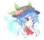  1girl alternate_hairstyle black_headwear blue_background blue_hair bow bowtie commentary_request cropped_torso food fruit hat hat_ornament hinanawi_tenshi looking_at_viewer peach red_bow red_bowtie red_eyes shirt short_hair_with_long_locks smile solo tanasuke touhou upper_body white_background white_shirt 