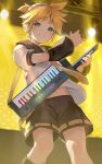  1boy aqua_eyes black_shorts blonde_hair cocolo_(co_co_lo) commentary cowboy from_below headphones highres holding holding_instrument indoors instrument kagamine_len keytar looking_at_viewer male_focus midriff_peek necktie short_ponytail shorts smile solo spotlight standing vocaloid yellow_necktie 
