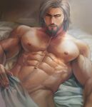 1boy abs absurdres aenaluck artist_name bara bed blanket chest_hair covering_with_blanket facial_hair grey_hair highres large_pectorals lying male_focus master_(aenaluck) muscular muscular_male navel navel_hair nipples on_back on_bed original pectorals short_hair solo 