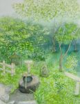  bush day forest grass highres ladle mallet naoy_watercolor nature no_humans original plant scenery shadow stone_lantern sunlight tree well 