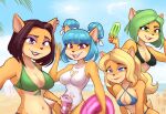  4girls absurdres alex_toons ami_bandicoot animal_ears beach bikini blonde_hair blue_bikini blue_eyes blue_hair blue_sky brown_hair crash_bandicoot_(series) cup double_bun food furry green_bikini green_eyes green_hair hair_bun highres holding holding_cup holding_food holding_ice_cream ice_cream innertube isabella_bandicoot liz_bandicoot long_hair looking_at_viewer medium_hair megumi_(crash_bandicoot) multiple_girls one-piece_swimsuit open_mouth outdoors pink_eyes purple_eyes sky swimsuit teeth upper_teeth_only water white_one-piece_swimsuit 