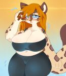  absurd_res anthro arizel belly big_breasts bodily_fluids breasts chubby_female cleavage_cutout curvy_figure felid female hi_res huge_breasts jogging_outfit mammal pantherine shrimpaws_(artist) slightly_chubby snow_leopard solo sweat sweatdrop wide_hips 