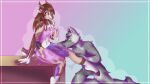  2021 antelope anthro ariana_shima_2d bovid bow_(bowhuskers) canid canine canis digital_media_(artwork) duo female frosting fur gazelle gradient_background green_eyes grey_body grey_fur hooves horn licking male mammal markings simple_background sitting tongue tongue_out viera_(vanillazelle) wolf 