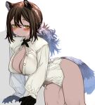  1girl animal_ears animal_hands arknights blush breasts brown_hair cleavage cowboy_shot dress_shirt highres kochiya_(gothope) long_sleeves naked_shirt no_bra open_clothes open_shirt paid_reward_available ponytail raccoon_ears raccoon_girl raccoon_tail robin_(arknights) shirt simple_background solo tail white_background white_shirt yellow_eyes 