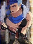  2boys abs bar_censor bara bare_pectorals blush censored character_request clothes_pull crave_saga feet_out_of_frame handjob huge_eyebrows karf large_pectorals male_focus mismatched_eyebrows multicolored_hair multiple_boys muscular muscular_male navel nipples pectorals protagonist_(crave_saga) pulled_by_self sanpaku scarf shirt shirt_pull short_hair sleeveless sleeveless_shirt solo_focus stomach sweat thick_eyebrows translation_request undressing very_sweaty 