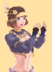  1girl :d absurdres avatar_(ff11) black_gloves blue_eyes blue_pupils breasts brown_hair cactus41747280 cleavage cropped_jacket fang final_fantasy final_fantasy_xi fingerless_gloves gloves gold_trim hands_up highres jacket juliet_sleeves long_sleeves medium_breasts midriff mithra_(ff11) navel open_mouth puffy_sleeves purple_jacket purple_tube_top short_hair smile solo strapless tube_top yellow_background 