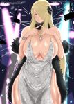  1girl backless_dress backless_outfit bare_shoulders blonde_hair blush bracelet breasts cleavage coat commentary_request cosplay cowboy_shot curvy cynthia_(pokemon) dress evening_gown fur-trimmed_coat fur_collar fur_trim hair_ornament hair_over_one_eye halter_dress halterneck highres huge_breasts index_fingers_together indoors jade6699 jewelry long_hair looking_at_viewer necklace nightclub open_mouth plump plunging_neckline pokemon pokemon_(game) pokemon_dppt revealing_clothes side_slit silver_dress solo st._louis_(azur_lane) st._louis_(azur_lane)_(cosplay) st._louis_(luxurious_wheels)_(azur_lane) stage_lights thighs 